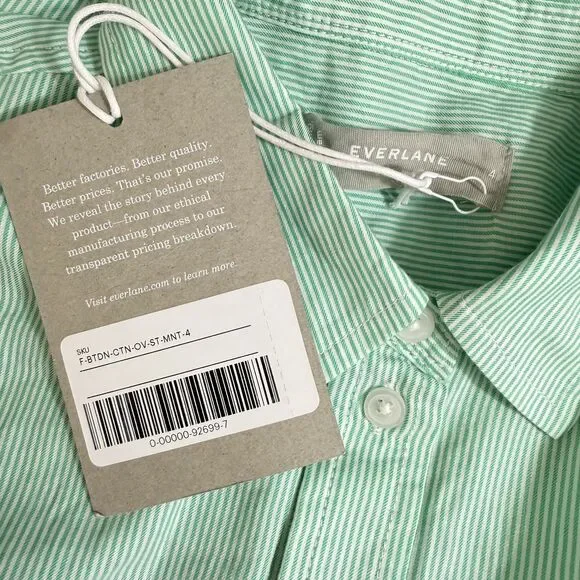 EVERLANE The Silky Cotton Oversized Shirt 4 Striped Mint Green Button Up Top B58 - Picture 4 of 6